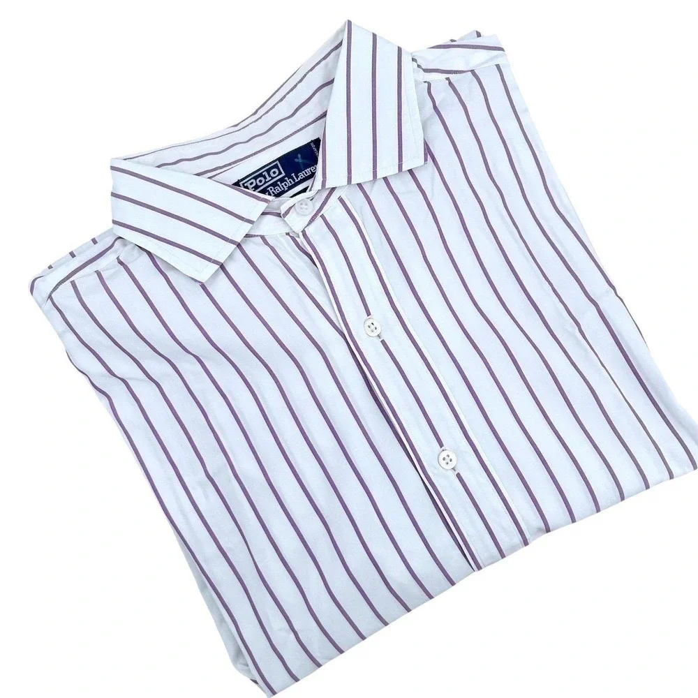 Polo Ralph‎ Lauren Button Down Mens 17-35 White Purple Striped Classic Vintage